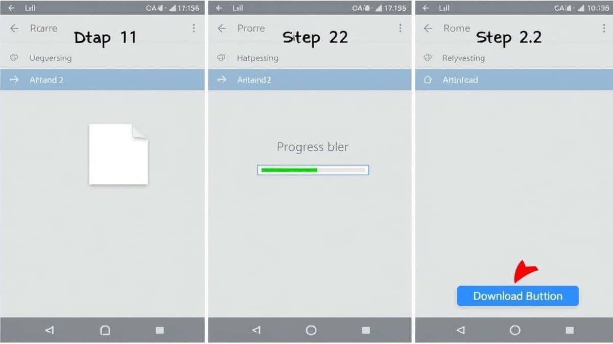 A three-panel graphic showing step 1: dragging a file, step 2: a progress bar on the interface, and step 3: a download button being clicked