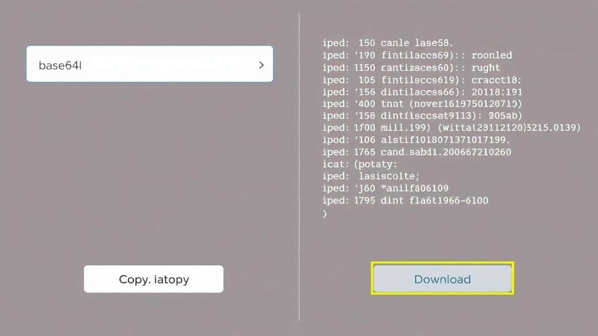 split screen interface showing input field with Base64 text on left and decoded ASCII result on right with copy and download buttons highlighted