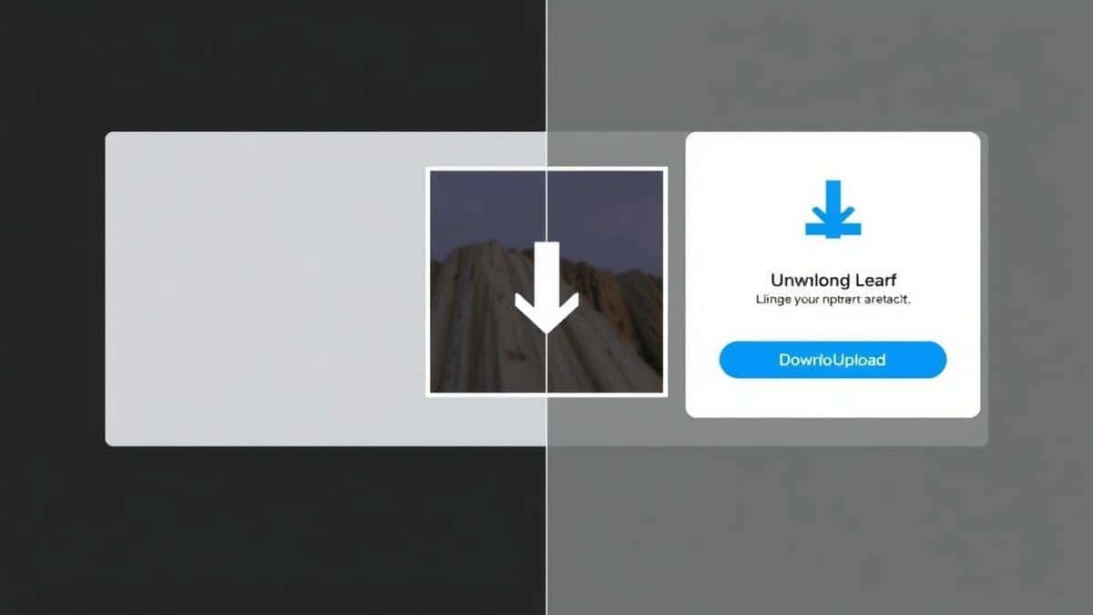 split screen showing jpg upload on left and successful download button on right with processing animation in middle