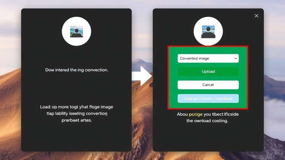 Split screen showing step 1 upload, step 2 settings panel, and step 3 download button