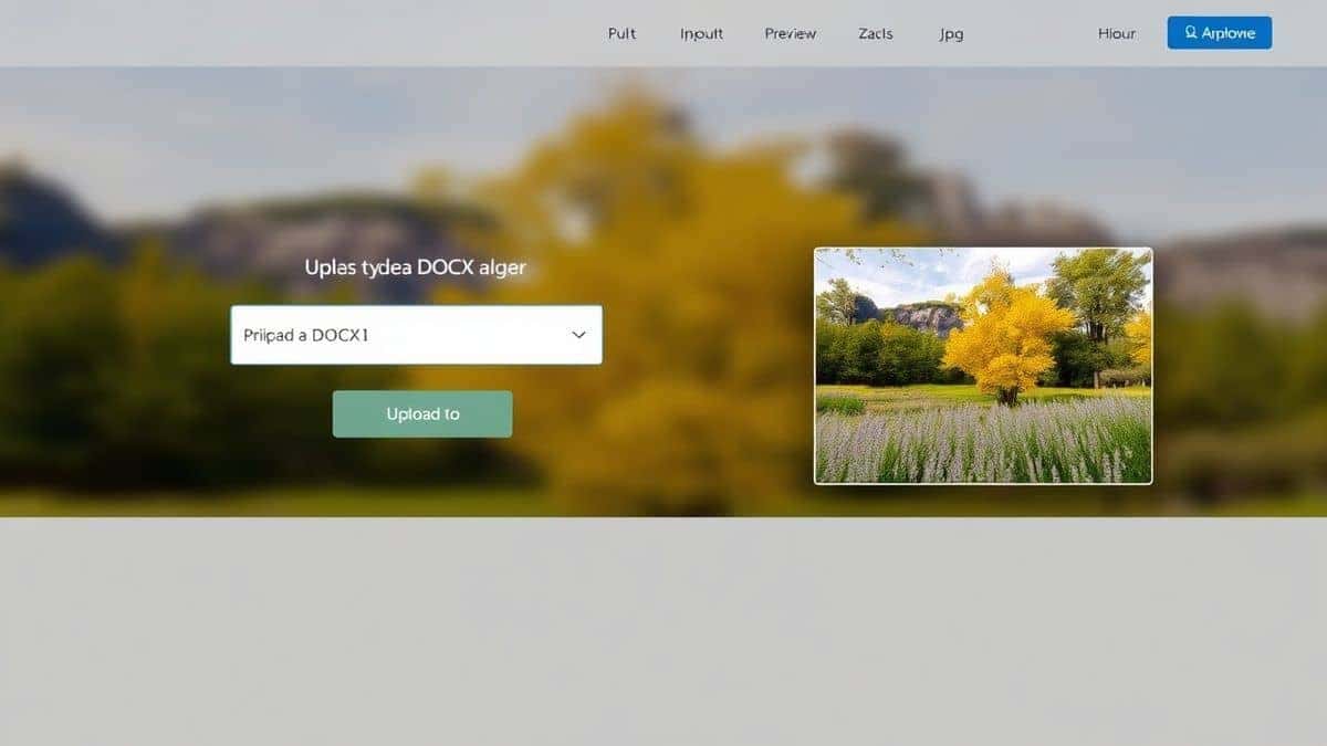 A clean, modern web tool interface showing an upload area for a DOCX file and a preview of the output JPG images on the right side