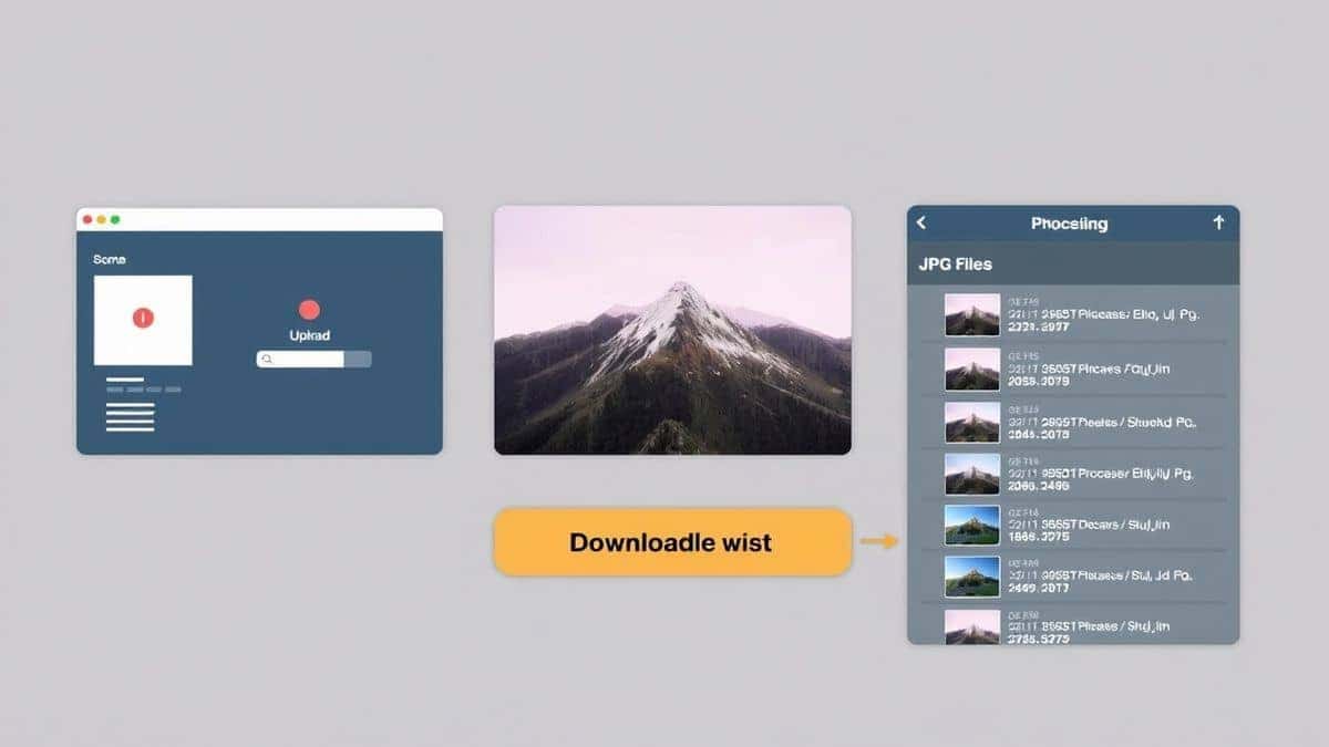 A three-panel image showing 1. Upload screen, 2. Processing animation, 3. Download button appearing with list of JPG files A three-panel image showing 1. Upload screen, 2. Processing animation, 3. Download button appearing with list of JPG files