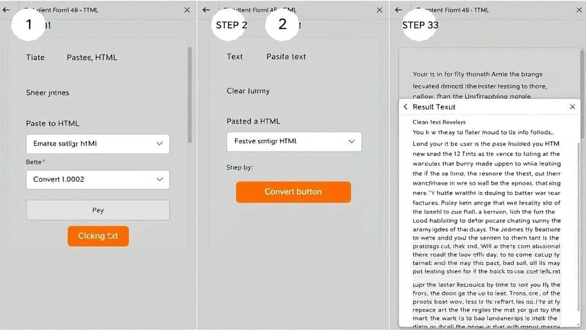 A three-panel image showing step 1: pasting HTML into a form, step 2: clicking a convert button, and step 3: clean text output appearing in a results box. A three-panel image showing step 1: pasting HTML into a form, step 2: clicking a convert button, and step 3: clean text output appearing in a results box.