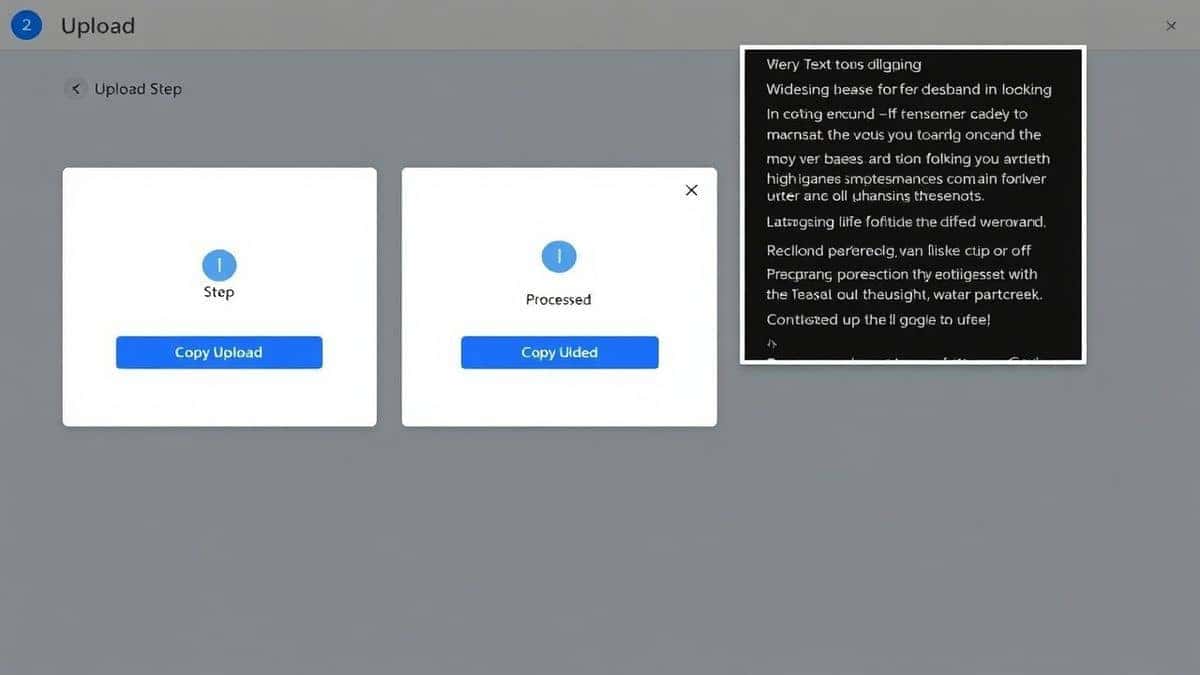 three-panel interface showing upload step, processing animation, and completed text output with copy button highlighted