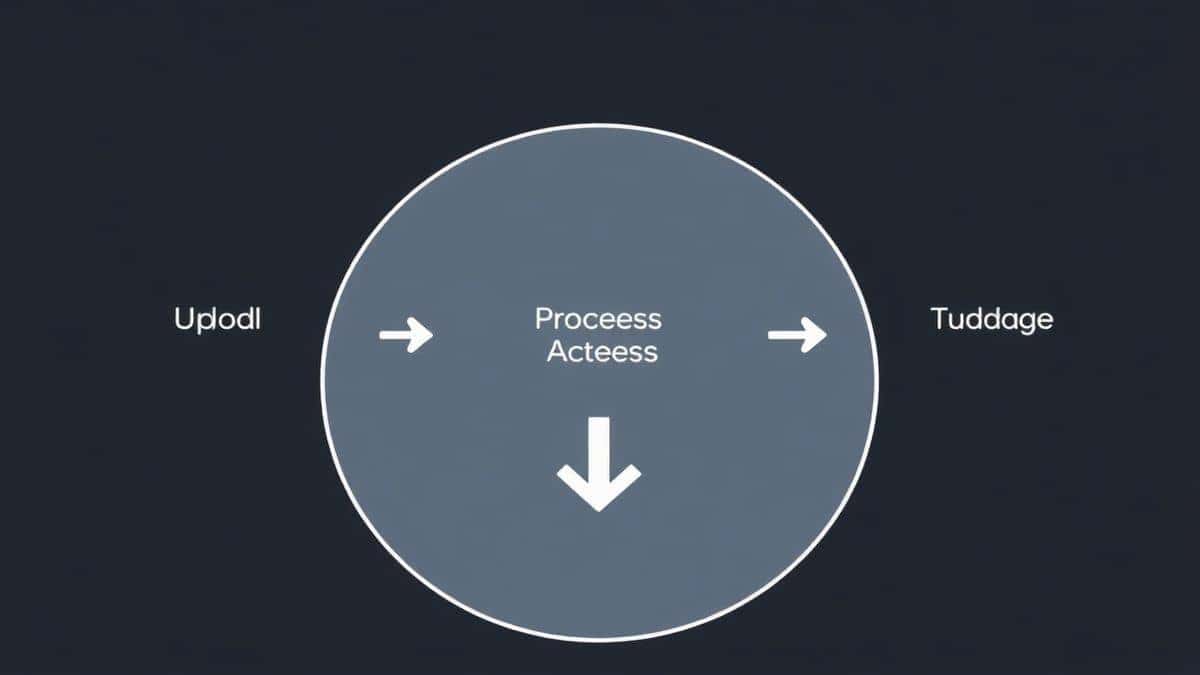 A three-step diagram showing upload, processing, and download stages on a digital interface