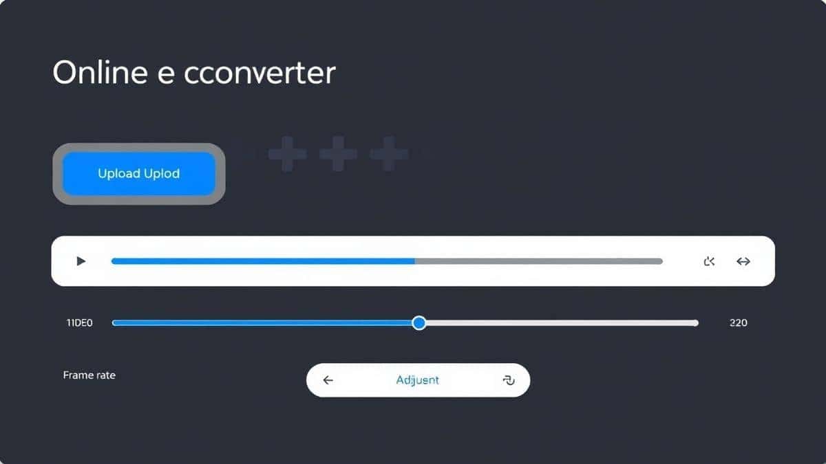 A modern, clean online converter interface showing an upload button, video timeline, and frame rate adjustment slider
