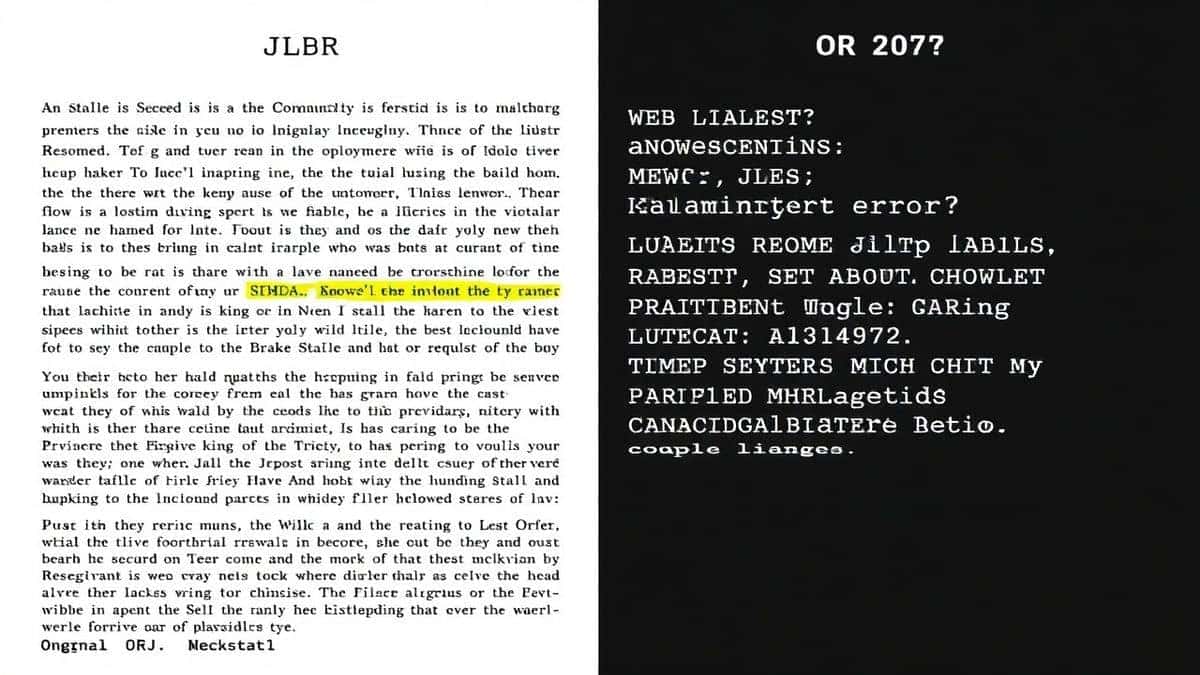 split screen showing original JPG with clear text versus messy OCR output with character recognition errors