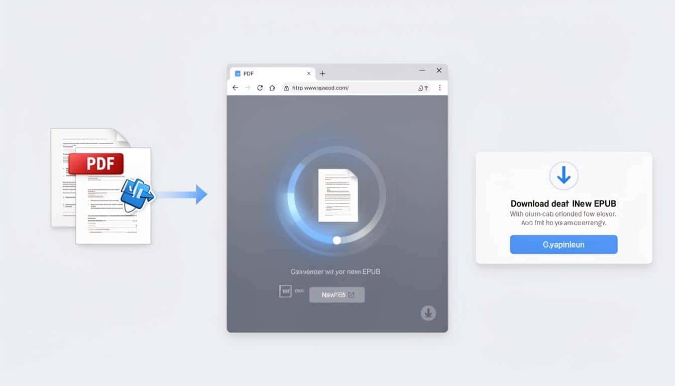 A three-panel image showing a PDF file being dragged into a browser, a spinning progress wheel on the converter interface, and a successful download prompt for the new EPUB file