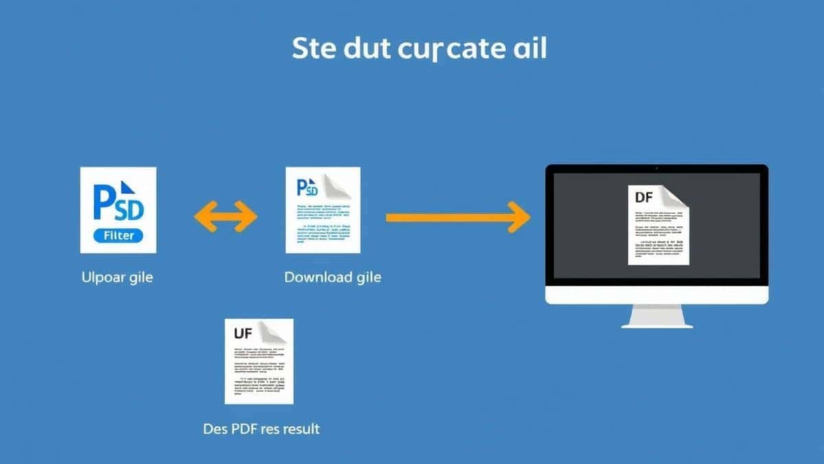 A step-by-step visual guide showing 1. Uploading a PSD file, 2. Processing, 3. Downloading the PDF result on a computer screen.