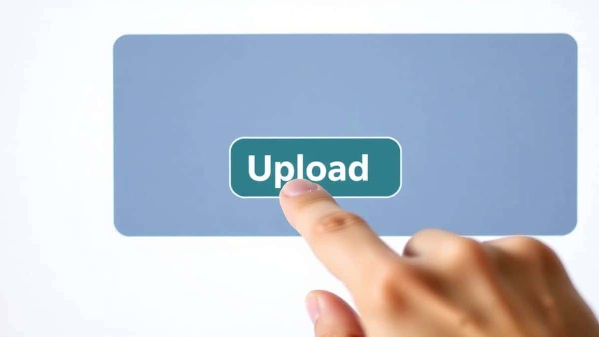 close up of hand clicking upload button on a clean digital interface