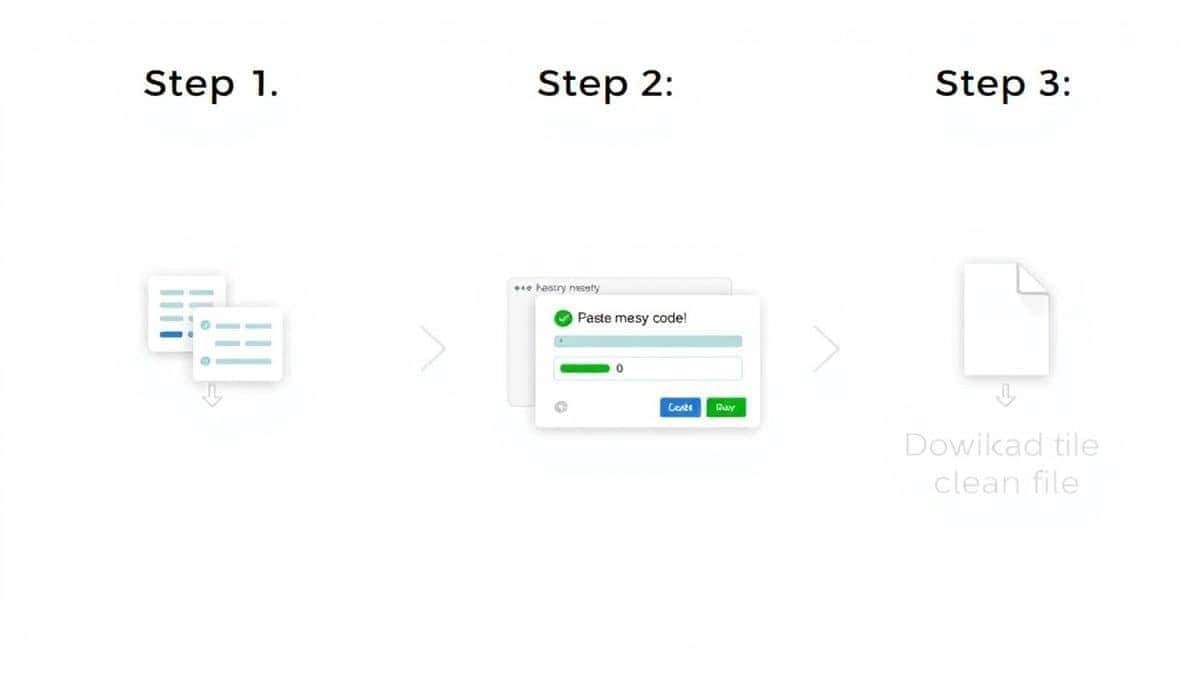 A three-panel graphic showing step 1: pasting messy code, step 2: the tool interface with a loading indicator, step 3: downloading a clean file A three-panel graphic showing step 1: pasting messy code, step 2: the tool interface with a loading indicator, step 3: downloading a clean file