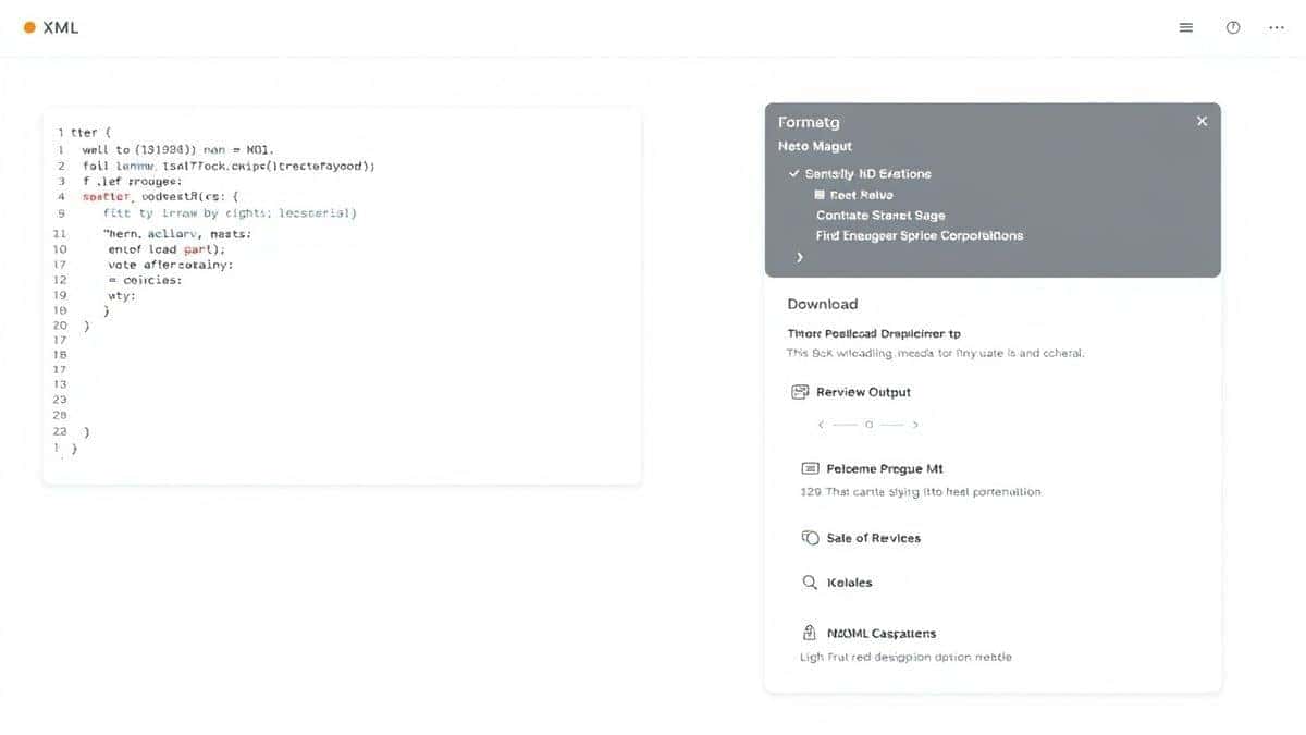 A clean, modern web interface showing a text area with XML code on the left and a formatted output panel with download options on the right